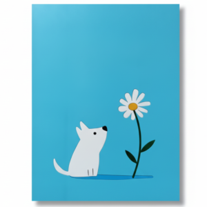 tableau en bois d'un chiot qui regarde une fleur sur fond bleu