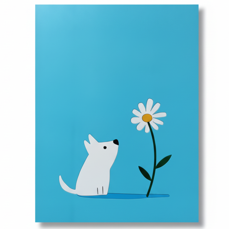 tableau en bois d'un chiot qui regarde une fleur sur fond bleu