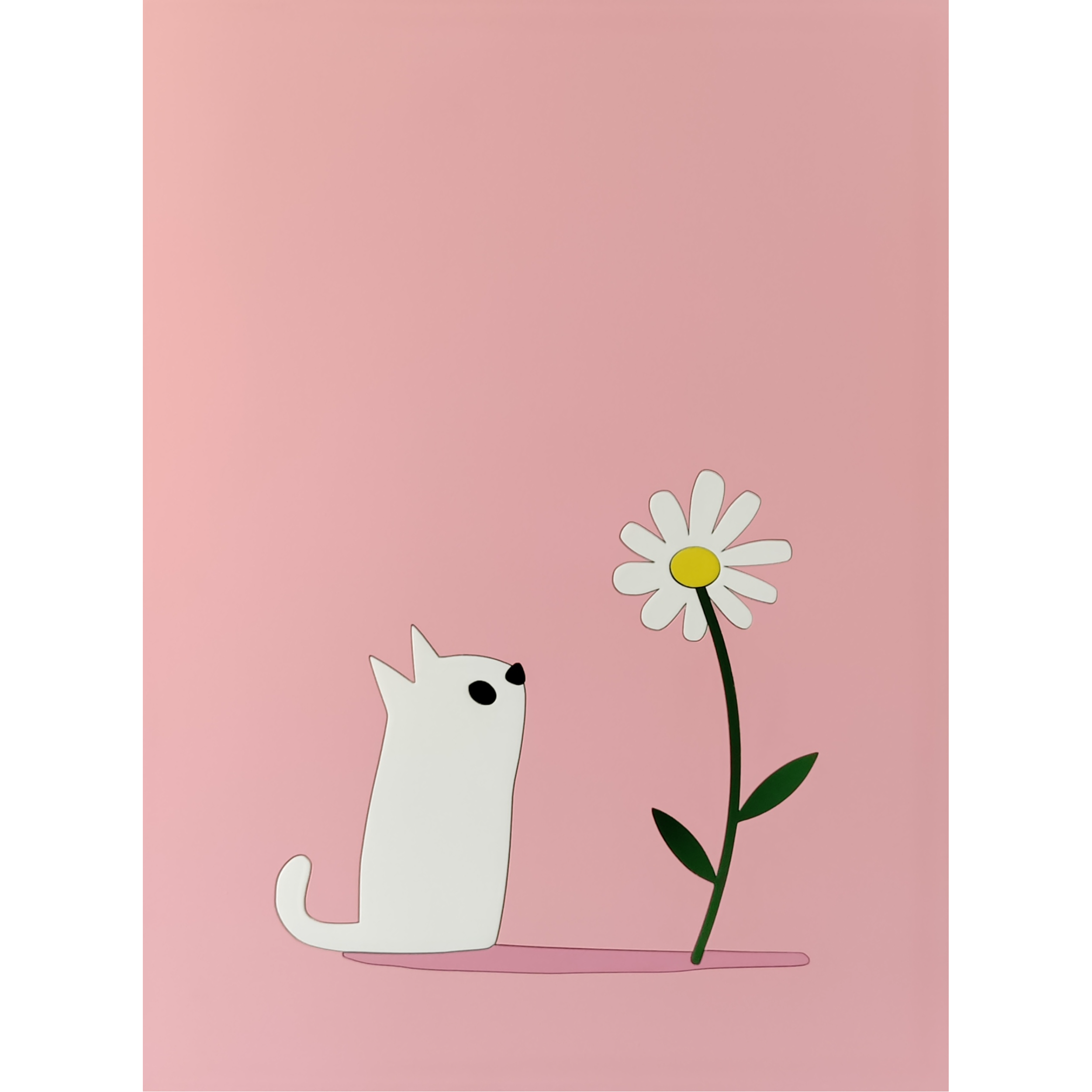 tableau en bois d'un chaton qui regarde une fleur sur fond rose